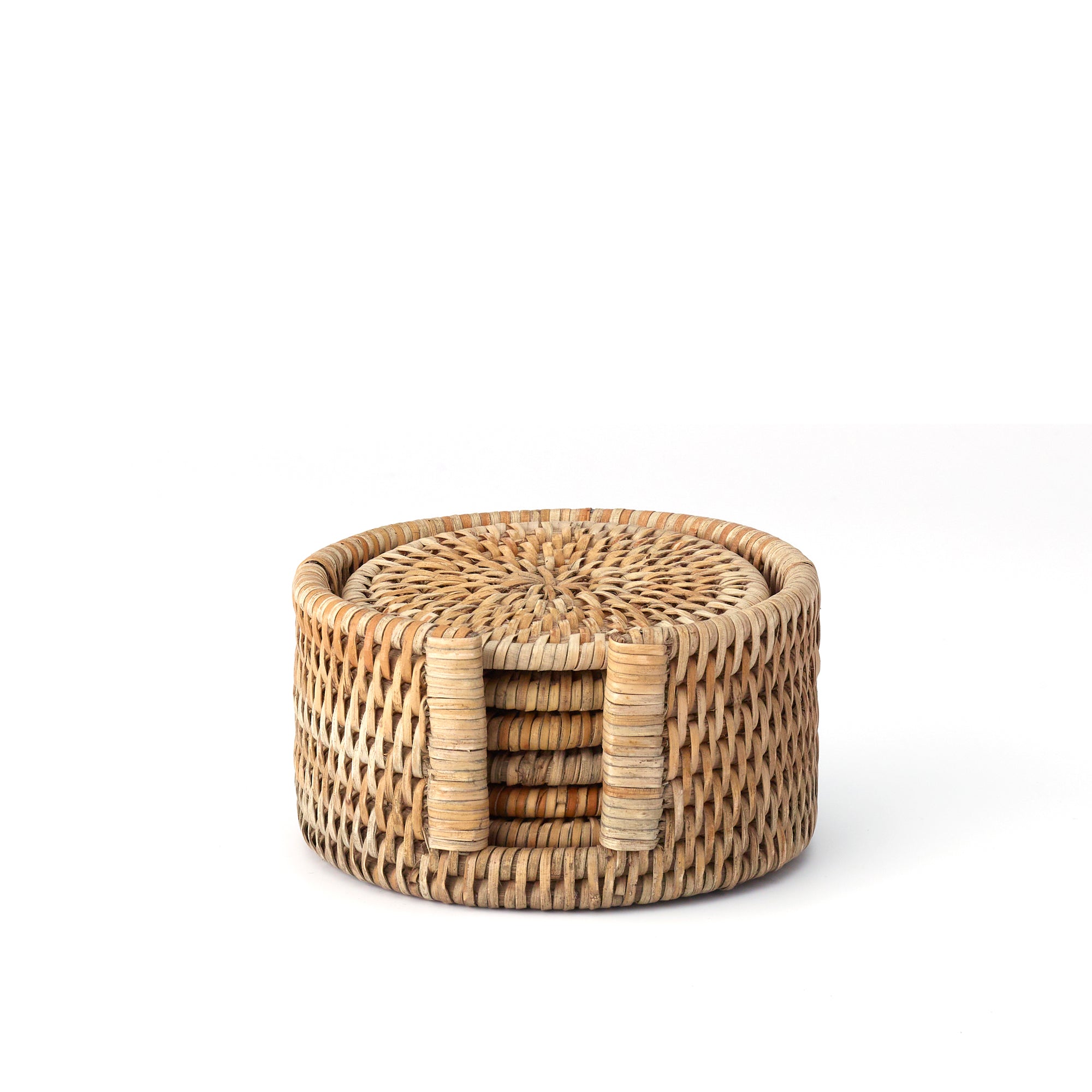 Handcrafted Rattan Coaster Set With Holder | 6 Heat-Resistant Coasters, Special Pattern Design (Red)